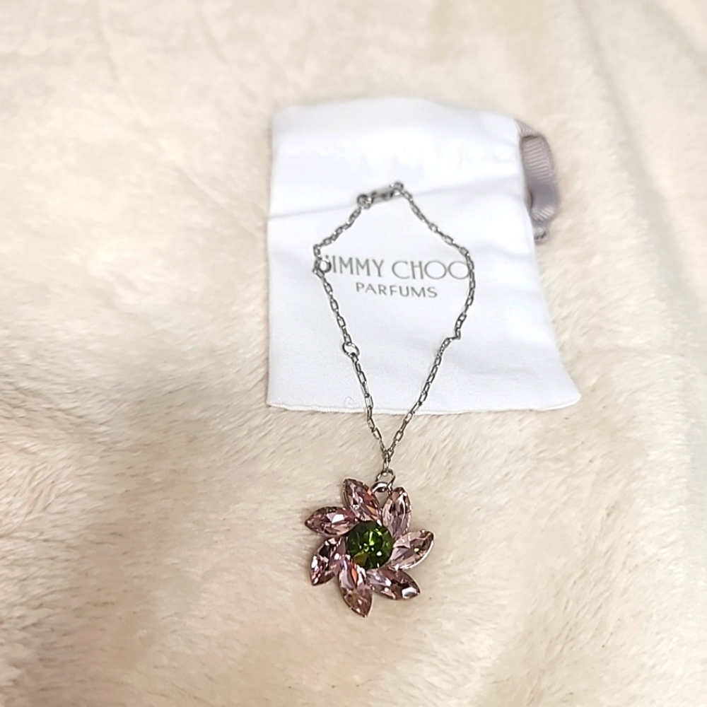 New Jimmy Choo Parfums Pink Glass Jeweled Flower Silver Tone Bracelet